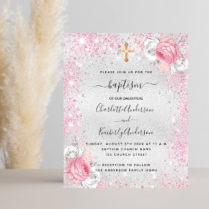 Tauf-Silber-Rosé-Zwillinge-Blumen-Budget-Einladung Flyer
