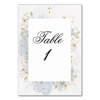 Tauf-Tischnummern mit Kreuz und floralen Akzenten Tischnummer
