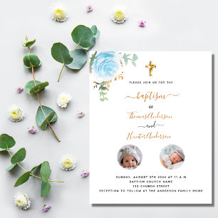 Tauf-Zwillinge Jungen Blumen Foto Budget Einladung Flyer