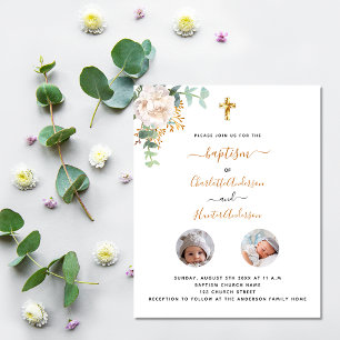 Tauf-Zwillinge weiße Blumen-Foto Budget-Einladung Flyer