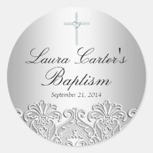 Taufaufkleber mit weißer Spitze und Kreuz Runder Aufkleber