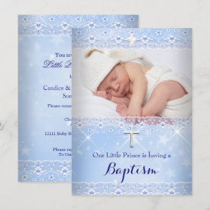 Taufbaby-Foto von Junge Blau Spitze Einladung