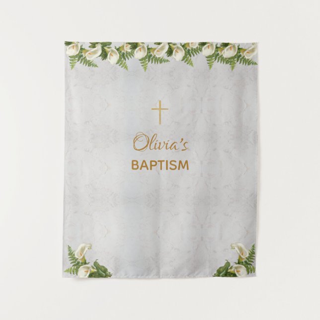 Taufbecken Marmor Gold Cross Calla Lilies Wandteppich (Vorderseite)