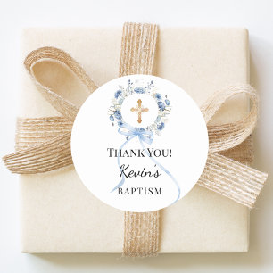 Taufblaue Jungenflorals Kranz Kreuz Danke Runder Aufkleber