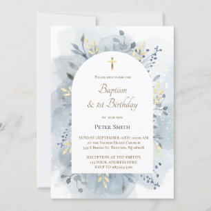 Taufe & 1. Geburtstag blaues Aquarellfolien Einladung