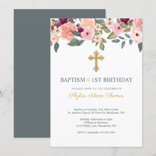 Taufe & 1. Geburtstag Blush Wasserfarbe Florals Einladung