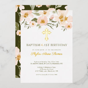 Taufe & 1. Geburtstag Elegante Wasserfarben-Blumen Folieneinladung