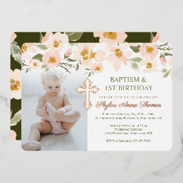 Taufe & 1. Geburtstag Wasserfarbe Florals Foto Folieneinladung