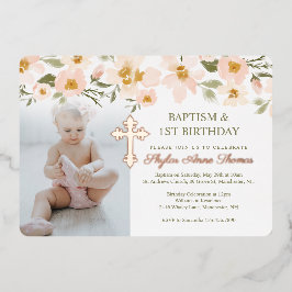 Taufe & 1. Geburtstag Wasserfarbe Florals Foto Folieneinladung