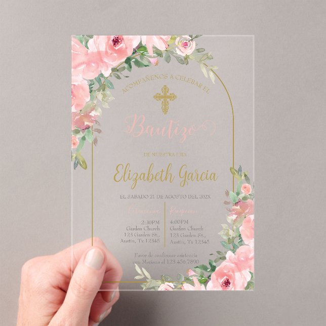 Taufe aus rosa Plexiglas Spanische Einladung (Insitu (Handheld))