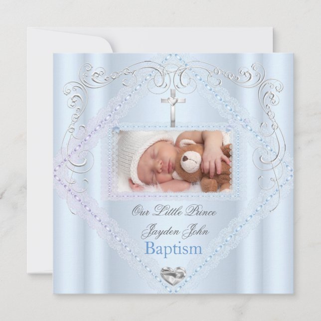 Taufe Baby Boy Blue Christening Cross Prince 2 Einladung (Vorderseite)