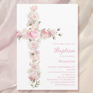 Taufe Baby Mädchen rosa florales Kreuz Einladung