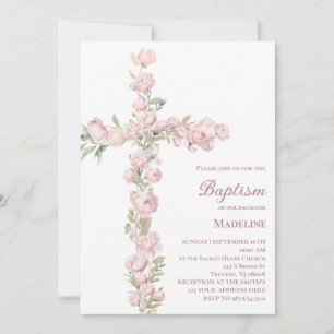 Taufe Baby Mädchen rosa Pfingstrosen floral Kreuz Einladung