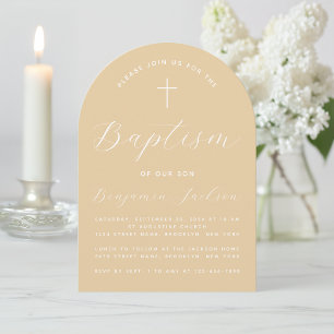 Taufe Beige Bogen Einfache Schrift Kreuz Hellbraun Einladung