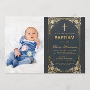 Taufe Blau Vintage Junge Foto Gold Kreuz & Schrift Einladung