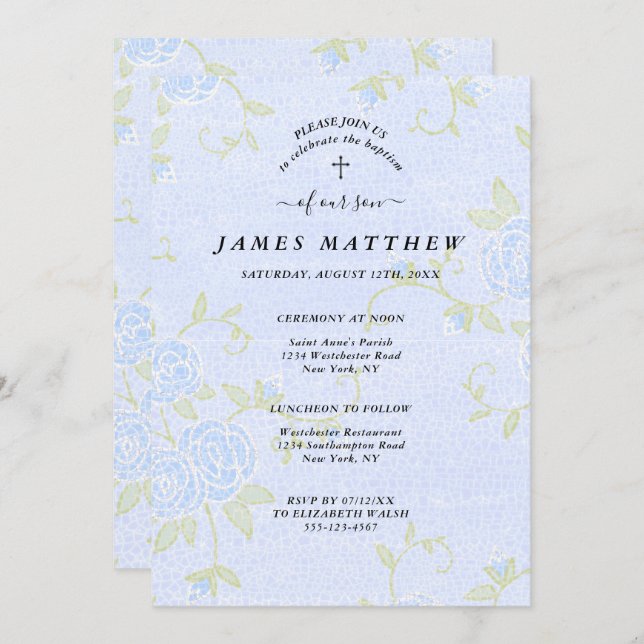 Taufe Blaue Rose Blumenblume Christlich Einladung (Vorne/Hinten)