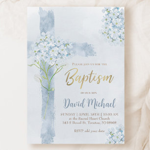 Taufe blaue Wasserfarbe Hortensien Blumen Kreuz Einladung