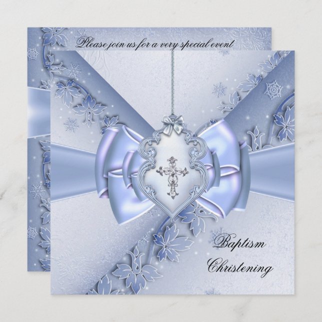 Taufe Blauer Kreuz Damast Taufen Einladung (Vorne/Hinten)