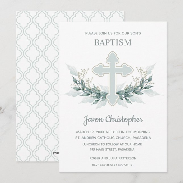 Taufe Blauer Kreuz und Kranke Einladungen (Vorne/Hinten)