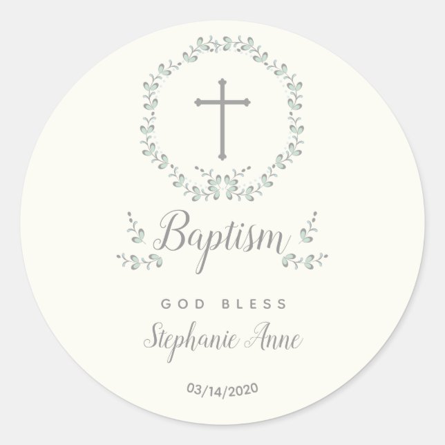 Taufe Blauer und Grüner Leaf Kranz Runder Aufkleber (Vorderseite)