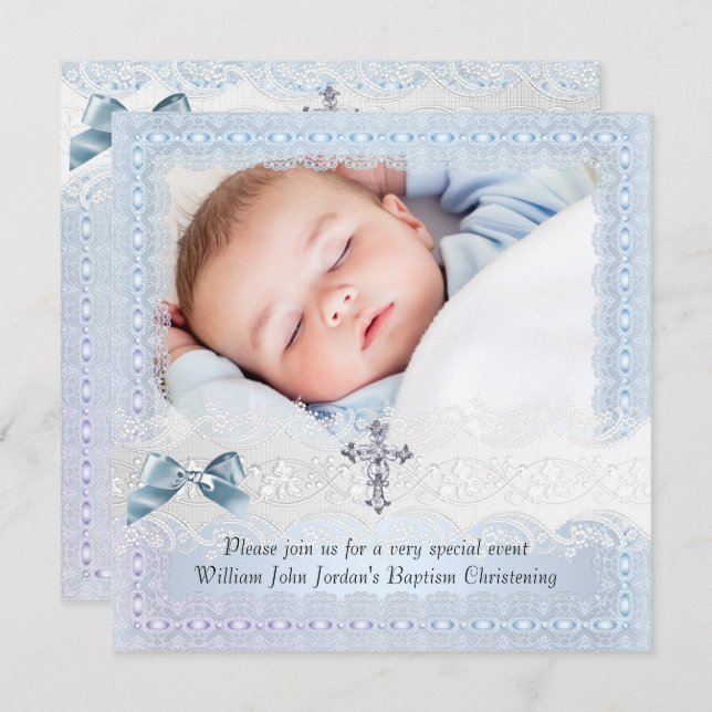 Taufe Blaues Spitzen Foto Jewel Cross Boy 2 Einladung (Vorne/Hinten)