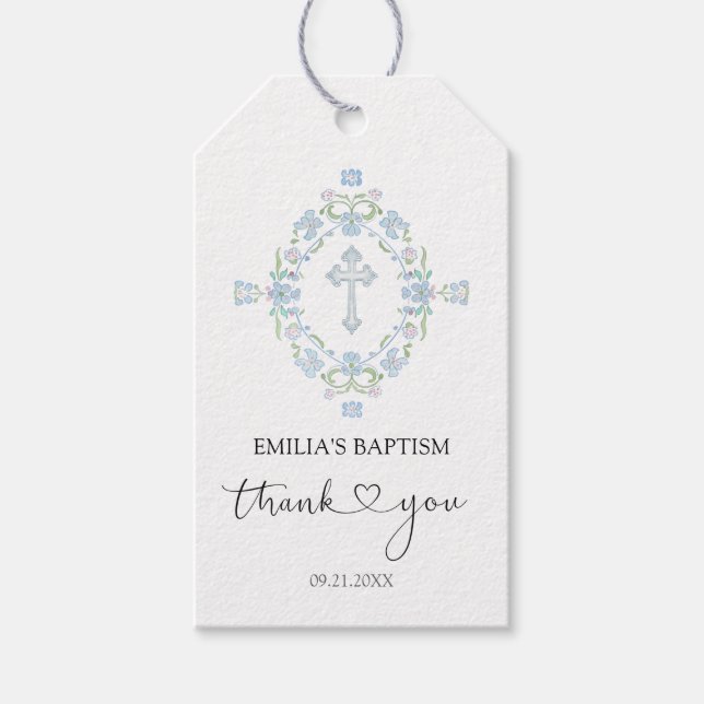 Taufe Blumenkreuz Danke Geschenkanhänger (Vorderseite)