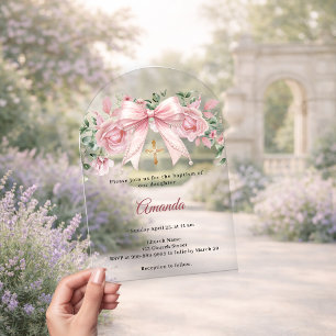 Taufe Bogen Rosa Blumen Mädchen Kreuz Premium Acryleinladungen