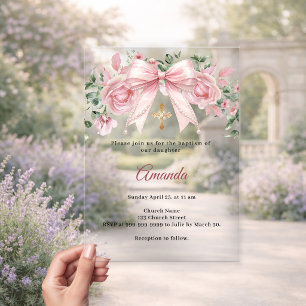 Taufe Bogen Rosa Blumen Mädchen Kreuz Premium Acryleinladungen
