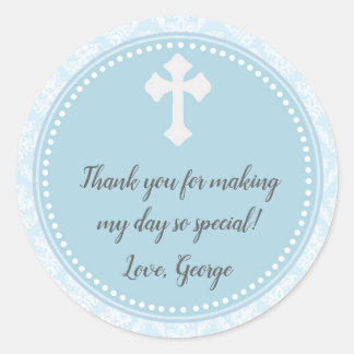 Taufe Boy Blue Damask Gift Favor Label Runder Aufkleber