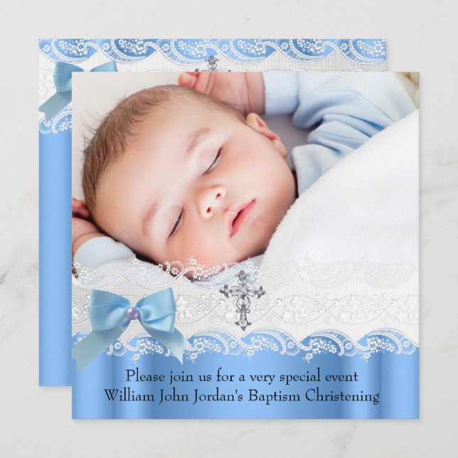 Taufe Boy Blue White Lace Foto Jewel Cross Bow Einladung (Vorne/Hinten)