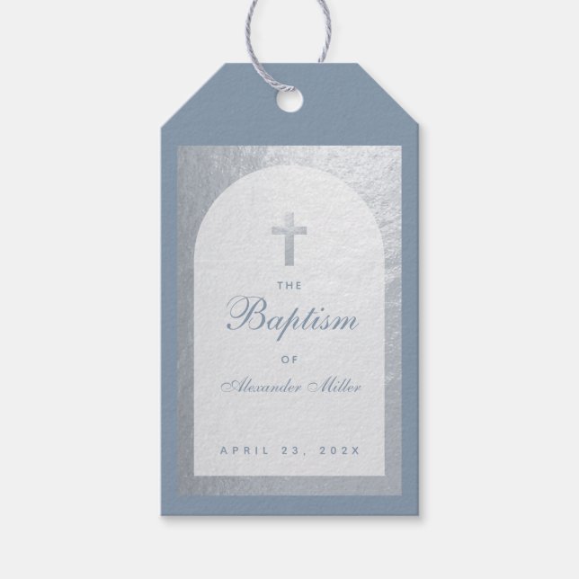 Taufe Boy Dusty Blue Imitats Silver Arch Script Geschenkanhänger (Vorderseite)