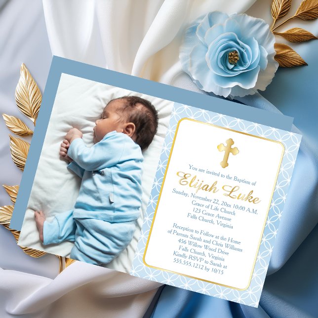 Taufe | Boy Eternity Rings Crosses Foto Folieneinladung (Elegant Baptism Boy Eternity Rings and Cross Photo Gold Foil Invitation)