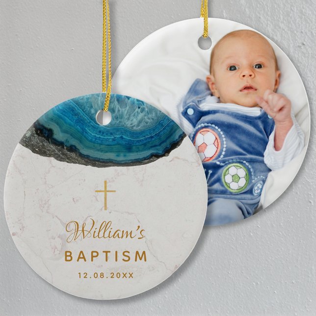 Taufe Boy Foto Blue Geode Marble Gold Cross Keramik Ornament (Von Creator hochgeladen)
