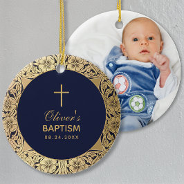 Taufe Boy Foto Vintag Gold Rose Navy Blue Keramik Ornament