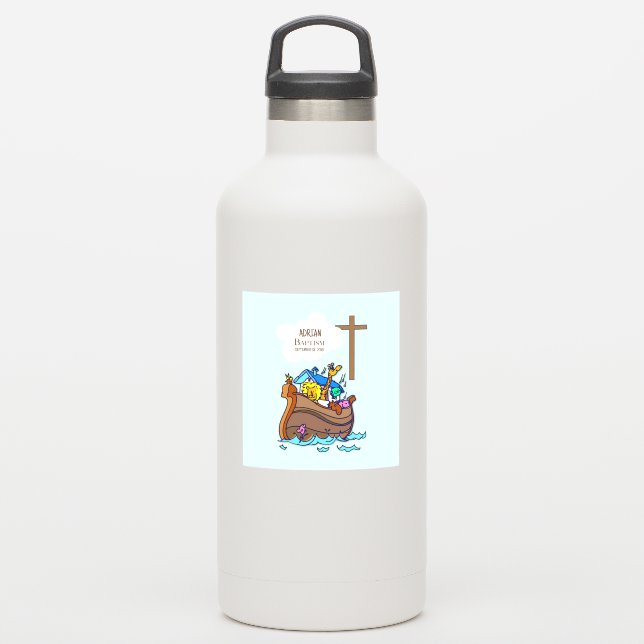 Taufe Boy Noah's Ark, Niedliche Tiere Personalisie Aufkleber (Wassserflasche)