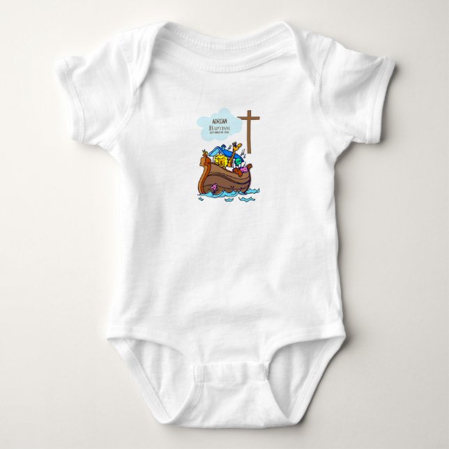 Taufe Boy Noah's Ark, Niedliche Tiere Personalisie Baby Strampler (Vorderseite)