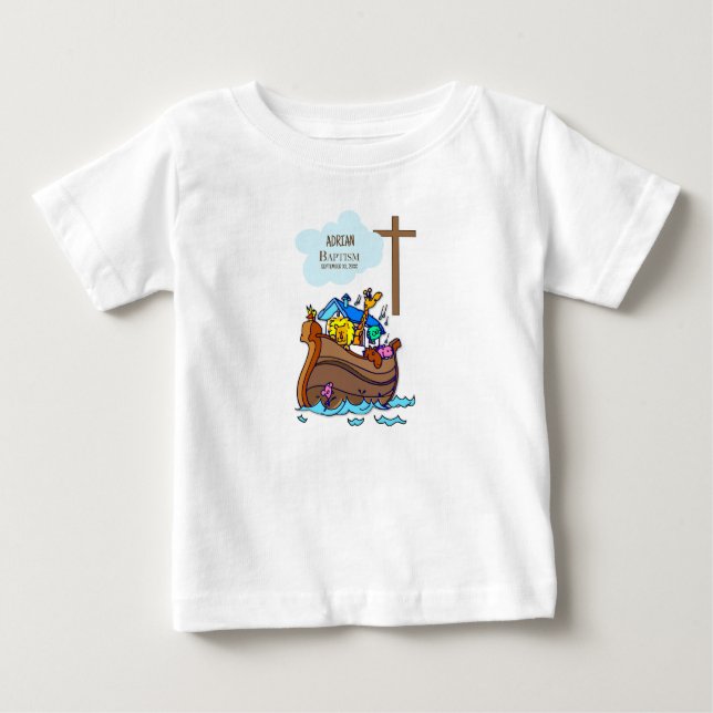 Taufe Boy Noah's Ark, Niedliche Tiere Personalisie Baby T-shirt (Vorderseite)