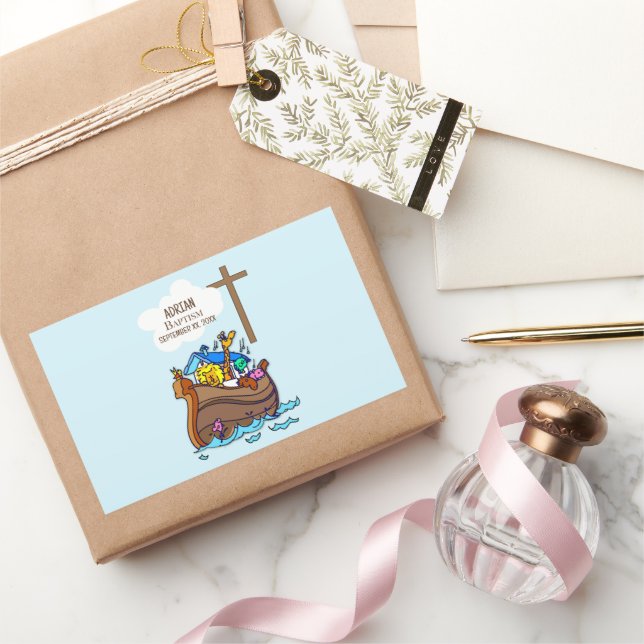 Taufe Boy Noah's Ark, Niedliche Tiere Personalisie Rechteckiger Aufkleber (Schenken)