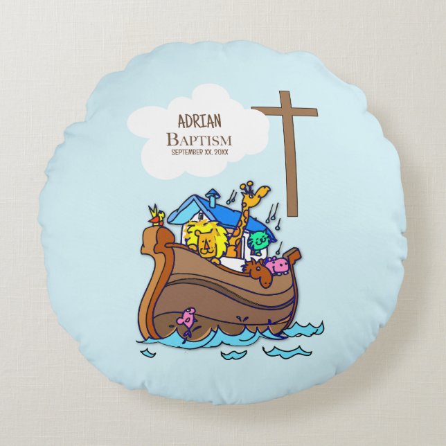 Taufe Boy Noah's Ark, Niedliche Tiere Personalisie Rundes Kissen (Vorderseite)