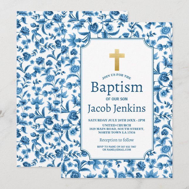 Taufe Christening Blue White Floral Gold Cross Einladung (Vorne/Hinten)