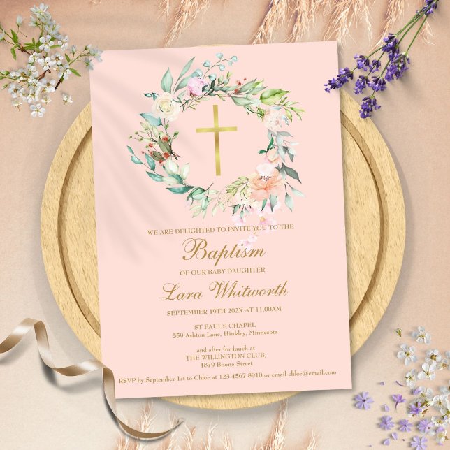 Taufe Christening Blumengarland Blush Pink Einladung (Baptism Christening Floral Garland Blush Pink Invitation)