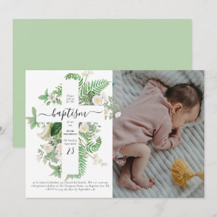 Taufe Christening Cross Green Custom Foto Einladung