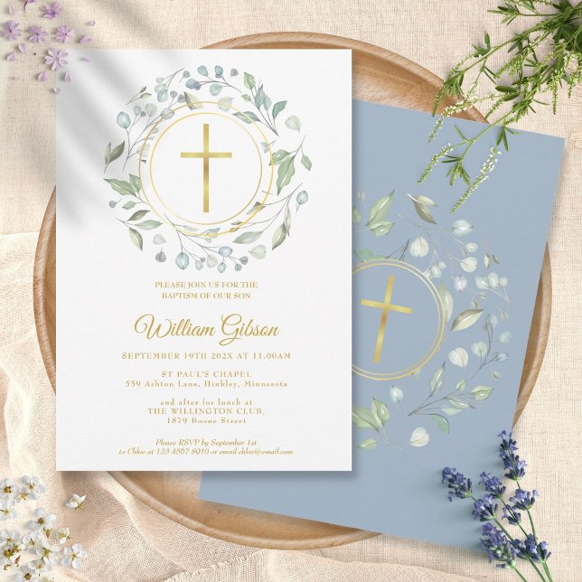 Taufe Christening Dusty Blue Garland Gold Cross Einladung (Von Creator hochgeladen)