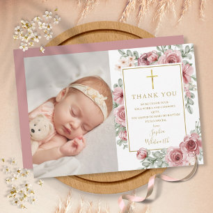 Taufe Christening Dusty Rose Floral Foto Dankeskarte