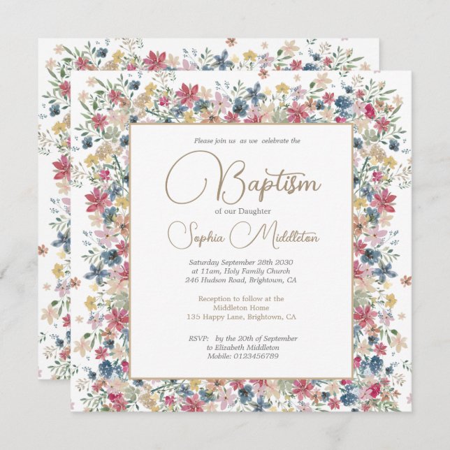 Taufe Christening Elegant Floral Religious Einladung (Vorne/Hinten)