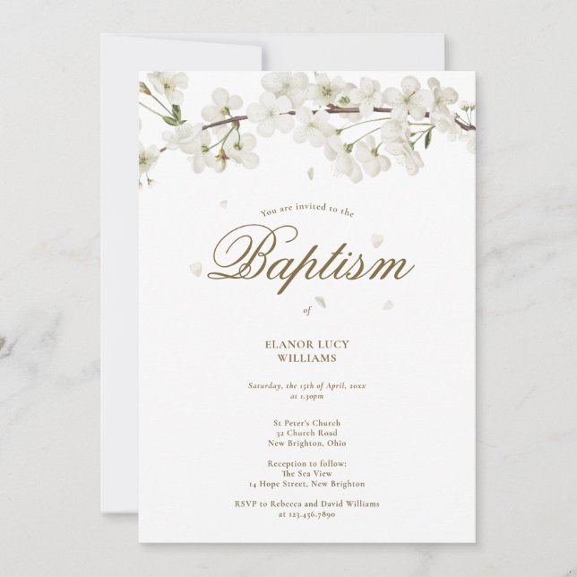 Taufe Christening Elegant Weißes Blossom Blütenblü Einladung (Vorderseite)