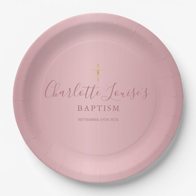 Taufe Christening Elegante Rose Gold Script Pappteller (Vorderseite)