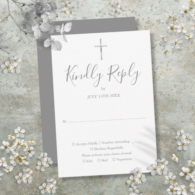 Taufe Christening First Heilige Kommunion Silver RSVP Karte (Baptism Christening First Holy Communion Silver RSVP Card)