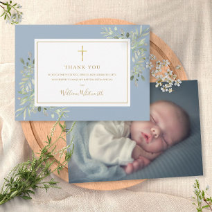 Taufe Christening Foliage Dusty Blue Foto Dankeskarte