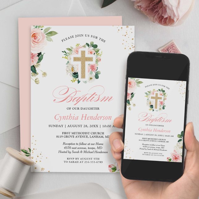 Taufe Christening Gold Blush Pink Blumenkreuz Einladung (Von Creator hochgeladen)